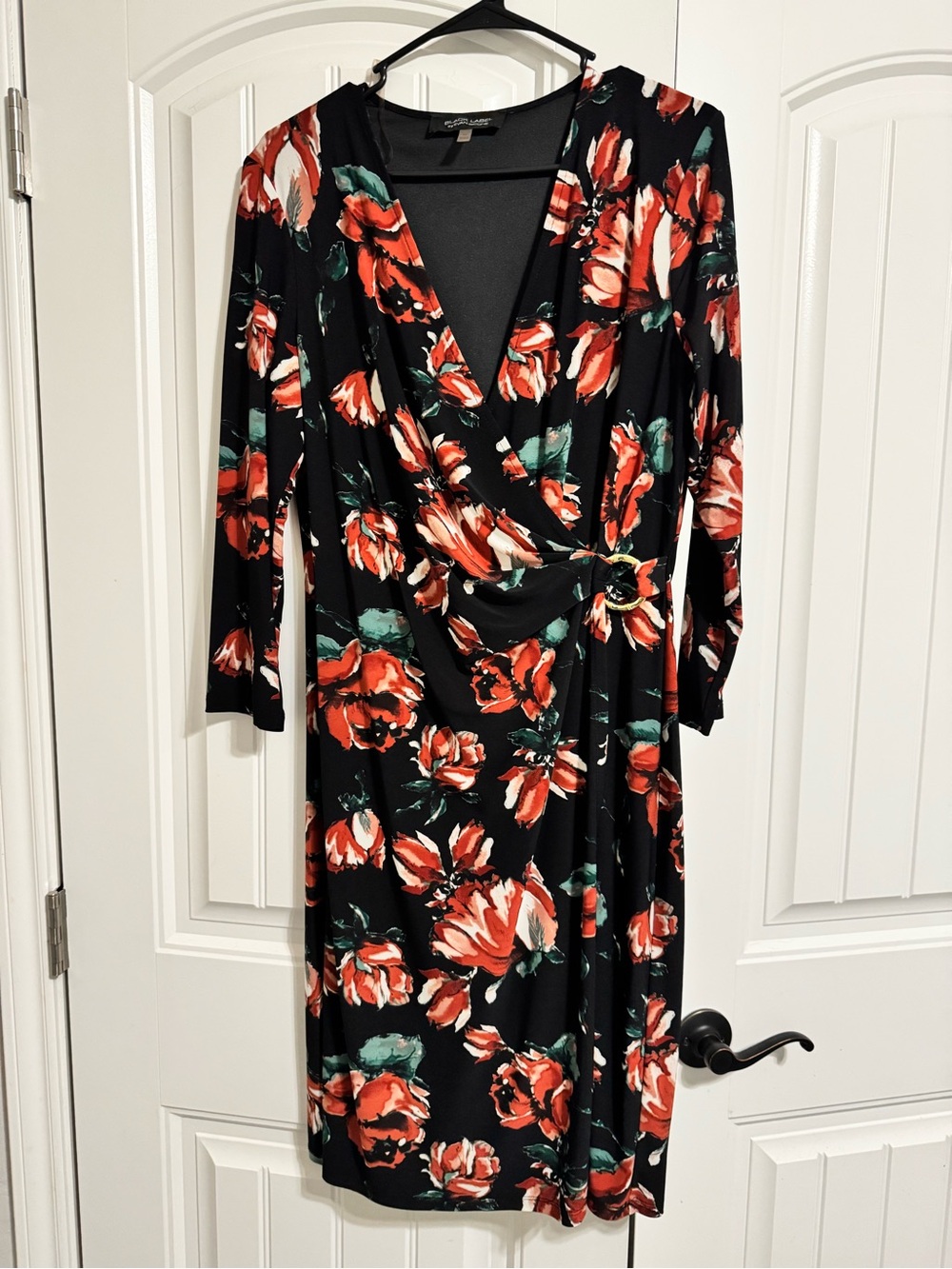 Evan Picone Black Midi Wrap Dress with Red Floral Print